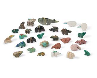 345
A group of Zuni carved stone bear fetish figures
Mid/late 20th century
Most variously signed by the artist
Comprising twenty-nine bear figures from various makers such as Herbert Halate, Abby Quam, and Melissa Quam, some with turquoise inlaid eyes, nine with inlaid heartline, and fifteen mounted with offerings
29 pieces
Largest: 2.125" H x 5.375" W x 0.75" D
Estimate: $200 - $400