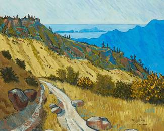 92
Robert Wassell
b. 1951
"Upper Matilija," 1991
Oil on canvas
Signed, titled, and dated lower right: Wassell / 5-91
28" H x 32" W
Estimate: $400 - $600