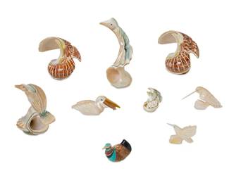 291
A group of Zuni carved shell bird fetish figures
Mid/late 20th century
Some variously signed by the artist
Comprising nine bird figures from various makers, some with turquoise inlaid eyes, including a duck, a pelican, a sandpiper, and other seafaring birds
9 pieces
Largest: 2.25" H x 2.25" Dia.
Estimate: $200 - $400