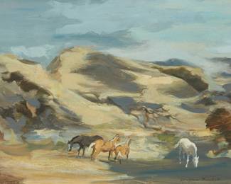 70
Douglass Ewell Parshall
1899-1990
"Grazing Horses, Santa Inez"
Oil on canvas
Signed lower right: Douglass Parshall; titled on the stretcher
19.5" H x 29.5" W
Estimate: $800 - $1,200