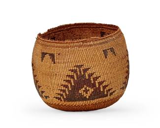 149
An Achomawi basketry bowl
Late 19th century; Northern California
The twined bowl with brown quail top knot motifs
6.5" H x 7" Dia.
Estimate: $300 - $500