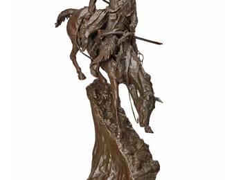 213
After Frederick Remington
1861-1909
"Mountain Man," cast 1978
Patinated bronze on a marble plinth
Signed in the casting: copyright by / Frederick Remington; further marked: Heikka Mint / 78
Overall: 29" H x 18" W x 9.75" D
Estimate: $800 - $1,200