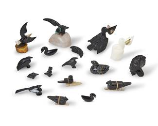 355
A group of Zuni carved stone bird fetish figures
Mid/late 20th century
Most variously signed by the artist or marked: Zuni
Comprising sixteen bird figures from various makers such as Tracy Estate and Jessie LeBeouf, some with turquoise inlaid eyes, three mounted with offerings, and one set on a carved bone stand
16 pieces
Largest: 3.375" H x 3.75" W x 2.875" D
Estimate: $300 - $500