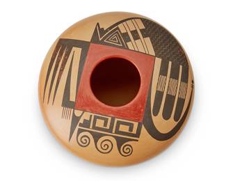 251
Fawn "Little Fawn" Navasie Garcia (b. 1959, Hopi-Tewa)
A polychrome pottery seed pot, late 20th/early 21st century
Signed to underside: Fawn [hoof cipher]
The three-color pot with wave, whirlwind, and bird feather motifs to shoulder
3.125" H x 5.375" Dia.
Estimate: $200 - $400