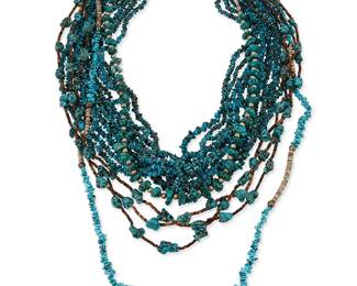362
A group of Southwest turquoise necklaces
Mid/late 20th century
Comprising a ten-strand necklace with diminutive turquoise nuggets, together with three further turquoise necklaces with various spacer beads including silver and heishi shell, 4 pieces
Largest: 35" L; smallest: 25" L
367.1 grams gross
Estimate: $400 - $600