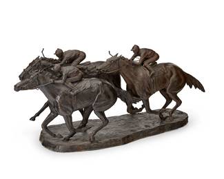 88
George Montgomery
1916-2000
"Win-Place-Show," 1983
Patinated bronze
Signed, dated, and titled in the casting: By Geo. Montgomery / 8-29-83
12.5" H x 30" W x 10.5" D
Estimate: $1,000 - $2,000