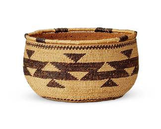 144
A Hupa/Yurok/Karuk polychrome basketry bowl
Early 20th century; Northern California
The twined bowl with imbricated brown banded stripe and friendship motif below a row of open warp and thick rod rim with ticking
4.25" H x 7.5" Dia.
Estimate: $400 - $600