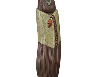 24
Clifford Fragua
b. 1955, Jemez Pueblo
Woman with blanket, 1998
Patinated, cold-painted, and polished bronze on a wood base
Edition: 3/30
Signed and dated in the casting: C. Fragua / '98 / [cipher]; foundry mark: B [within a cartouche]
Bronze: 19.75" H x 5.25" W x 4.25" D; Overall: 21.5" H
Estimate: $400 - $600