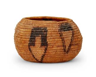 119
A California Mission polychrome basket
Early 20th century; Southern California
The small coiled basketry bowl with three brown freeform arrow motifs
3.375" H x 5.75" Dia.
Estimate: $300 - $500