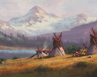 3
Heinie Hartwig
b. 1937
"Lakeside Camp"
Oil on board
Signed lower left: Heinie Hartwig; titled verso
6" H x 12" W
Estimate: $600 - $800