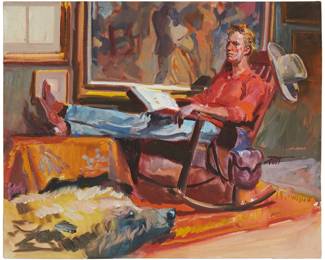 37
Donald "Putt" Putman
1926-2007
Cowboy reading
Acrylic on canvas laid to board
Signed near the right edge, at center: Putt
24" H x 30" W
Estimate: $400 - $600