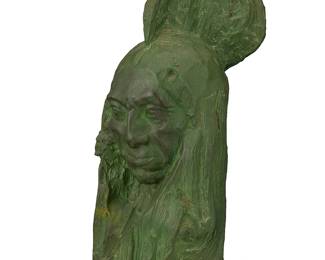 23
Nicolai Ivanovich Fechin
1881-1955
Native American bust
Verdigris patinated bronze
Signed in the casting: N. Fechin; inscribed: 2 © 1951 / H.E. BRITEZ; foundry mark: Art Bronze A. Rodriguez LA
15.5" H x 6.75" W x 9. 75" D
Estimate: $2,000 - $3,000