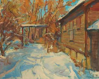 77
Sergei Bongart
1918-1985
"Snow and Sun"
Oil on canvas
Signed lower right: Sergei Bongart; titled on an exhibition label affixed to the frame's backing board
36" H x 48" W
Estimate: $600 - $800