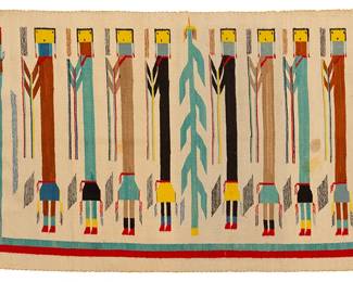 209
A Navajo Yei textile
Mid-20th century, Diné
Woven in multicolor wool, depicting eight Yei figures, a corn stalk, and a rainbow guardian on a cream ground
81.5" H x 48" W
Estimate: $400 - $600