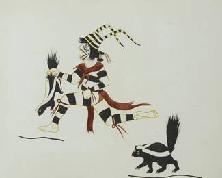 42
Julián Martinez
1879-1943, Tewa
Koshare clown with skunk
Gouache and ink on off-white paper
Signed lower right: Julian Martinez
Sight: 9.375" H x 10.375" W
Estimate: $700 - $900
