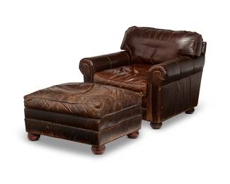 222
A Restoration Hardware "Lancaster" armchair and ottoman
Late 20th/early 21st century
Armchair with Restoration Hardware tag under seat cushion
The low and deep armchair with leather upholstery over a wood casket, raised on bun feet, matched with conforming ottoman
2 pieces
Chair: 37" H x 42" W x 43" D; Ottoman: 18.5" H x 34" W x 30" D
Estimate: $400 - $600