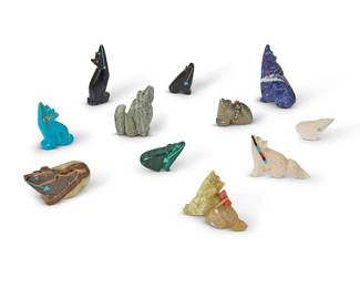 313
A group of Zuni carved stone wolf and bear fetish figures
Mid/late 20th century
Each unmarked
Two attributed to Abby Quam, comprising eleven bear and wolf figures, some with turquoise inlaid eyes, six with heartline inlay, and one mounted with offerings
11 pieces
Largest: 2.125" H x 1.25" W x 0.5" D
Estimate: $200 - $400