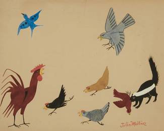 43
Julián Martinez
1879-1943, Tewa
Fowl and skunk
Mixed media on light-tan paper
Signed lower right: Julian Martinez
Sight: 9.5" H x 11.75" W
Estimate: $300 - $500