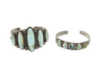 284
Two Southwest silver and turquoise cuff bracelets
Mid/late 20th century
Unmarked
Comprising a three-wire cuff with five narrow graduated set turquoise stones, together with a single band narrow cuff with incised terminals and five set turquoise stones in various shapes and colors, 2 pieces
Larger: 6.5 " inner C x 1 7/8" H; smaller: 6.5 " inner C x 5/8" H
115.4 grams gross
Estimate: $300 - $500