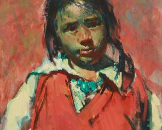21
Sergei Bongart
1918-1985
Portrait of a Native American child
Oil on canvas
Signed upper right: Sergei Bongart
21.5" H x 19.5" W
Estimate: $700 - $900