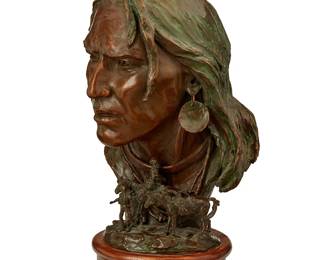 32
Ulysses Grant Speed
1930-2011
"Scoutin' the Enemy," 1996
Patinated bronze on a wood plinth
Edition: 25/30
Signed, numbered, and dated in the casting: UG Speed ©; further marked: CA; titled to conforming bronze plaque applied to plinth
Bronze: 14.75" H x 8.25" W x 9.5" D: Overall: 17.5" H
Estimate: $1,000 - $2,000