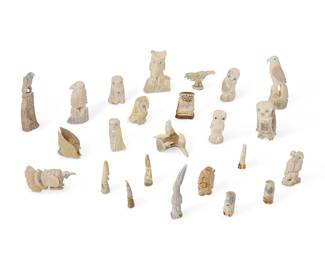 292
A group of Zuni carved bone bird fetish figures
Mid/late 20th century
Some variously signed by the artist
Comprising ten owls, eight eagles, a turkey, and five other birds, each with turquoise or coral inlay eyes
24 pieces
Largest: 3.375" H x 1.5" W x 1.25" D
Estimate: $200 - $400