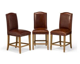 218
Three Restoration Hardware leather bar chairs
Early 21st century
Two with Restoration Hardware tag to underside
The wood armless bar chairs, each with curved crest rail and brown leather upholstery above a box stretcher
3 pieces
Each: 45.25" H x 20.5" W x 24" D
Estimate: $400 - $600