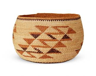 140
A Hupa/Yurok/Karuk polychrome basketry bowl
Early 20th century; Northern California
The twined bowl with light and dark brown imbricated banded rim and stepped zig zag motifs to body
4.5" H x 6.875" Dia.
Estimate: $400 - $600