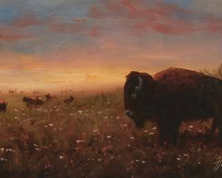 2
Heinie Hartwig
b. 1937
"Buffalo at Sundown"
Oil on Masonite
Signed lower right: Heinie Hartwig; titled verso
6" H x 12" W
Estimate: $600 - $800