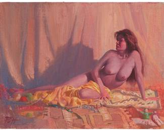 39
Donald "Putt" Putman
1926-2007
Reclining nude female
Acrylic on canvas laid to Masonite
Signed lower left: Putt
11" H x 14" W
Estimate: $400 - $600