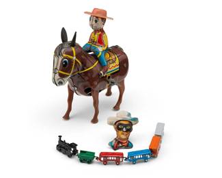212
A group of Western toys
Early/mid-20th century
Cowboy marked to belly: Yone [in a diamond cartouche] / 2090 / Made in Japan; train marked in the casting and to box: Japan
Comprising a tin lithograph wind-up toy cowboy riding a horse, a tin lithograph Lone Ranger pin, and a six-piece enameled cast metal "Early Western Smallest Miniature Train Set" toy housed in original cardboard box
3 pieces
Wind-up: 5.125" H x 4.375" W x 2.25" D; Pin: 1.875" H x 1.375" W; Train box: 6.75" L
Estimate: $200 - $300