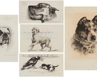 99
Elbridge Ayer (E.A.) Burbank (1858-1949)
Five works:

Untitled dog, 1933
Charcoal and graphite on paper
Signed and dated in pencil lower right: E.A. Burbank
Sheet: 13" H x 9.5" W

"Bob - Bull Dog," 1927
Charcoal on paper
Signed in pencil lower right: E.A. Burbank; titled and dated in pencil upper right
Sheet: 9" H x 6" W

A bird and kitten
Charcoal on paper
Signed in pencil lower right: E.A. Burbank; inscribed in pencil verso
Sheet: 4" H x 7.5" W

Scotty the dog
Charcoal, graphite, and colored pencils on paper
Signed in pencil lower right: E.A. Burbank; inscribed in ink verso
Sheet: 4.5" H x 6.75" W

"Cedric - Dane," 1928
Charcoal on paper
Signed in pencil lower right: E.A. Burbank; titled and dated in pencil upper left
Sheet: 4" H x 7.375" W
Estimate: $300 - $500