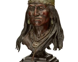 31
Joe Beeler
1931-2006
Bust of a Navajo man
Patinated and cold-painted bronze on a rotating wood plinth
Editioned and signed in the casting: Joe Beeler CA / AP/40
Bronze: 15" H x 10.5" W x 10.125" D; Overall: 17.5" H
Estimate: $2,000 - $3,000
