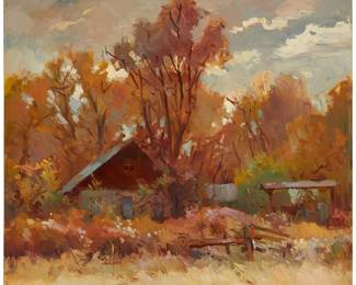 74
Sergei Bongart
1918-1985
Autumn ranch, 1981
Oil on canvas
Unsigned; indistinctly inscribed and dated in ink on the stretcher: 1981
26" H x 30" W
Estimate: $600 - $800