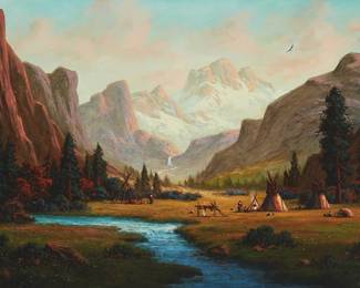 5
Heinie Hartwig
b. 1937
"Cheyenne at the Big Meadow Camp"
Oil on Masonite
Signed lower right: Heinie Hartwig; titled verso
24" H x 36" W
Estimate: $2,000 - $3,000