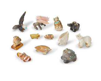 298
A group of Zuni carved fetish animal figures
Some variously signed to underside
Comprising a carved stone mole, a beaver, three bears, a pig, a frog with applied turquoise spots, an eagle, a moose with shell antlers, a carved bone corn maiden with turquoise accents, an eagle, and a small wolf
12 pieces
Largest: 3" H x 4.625" W x 3" D; Smallest: 0.875" H x 1.625" W x 0.625" D
Estimate: $100 - $200