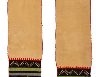 232
A Hopi polychrome dance sash
Late 19th century; Hopi-Tewa
Woven in two segments in red, green, pale blue, and black Germantown wool yarn on natural cotton, with banded elaborate sawtooth and diamond motifs and fringe edges
2 pieces
Each with fringe: 43" L x 9.5" W
Estimate: $600 - $800