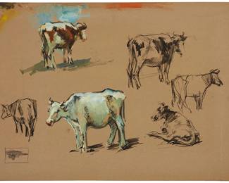 73
Sergei Bongart
1918-1985
Study of cows
Charcoal and oil on board
Unsigned
30" H x 40" W
Estimate: $300 - $500