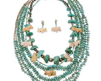 358
A group of Southwest turquoise and carved stone jewelry
Mid/late 20th century
Five works comprising two double-strand necklaces with small turquoise nuggets and heishi spacers, as well as a chunky nugget turquoise necklace with silver bead spacers, and a carved stone horse fetish necklace with turquoise heishi and a pair of matching earrings, 6 pieces
Largest: 33 1/2" L; smallest: 23" L; earrings: 1 3/4 "H
346.3 grams gross
Estimate: $300 - $500