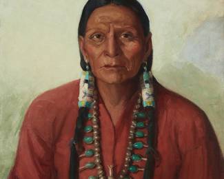 22
Kathryn Woodman Leighton
1875-1952
"Julián Martinez Tewa Indian"
Oil on canvas laid to Masonite
Signed lower right: Kathryn W. Leighton; titled in pencil, verso, and also in ink on an exhibition label affixed verso; additionally inscribed in pencil on the verso: "Husband of Maria finest pottery maker / in New Mexico, Julian does all the carving," and with the name and address of previous owner Everett W. Leighton inscribed in various places, verso, and verso of the frame
29.5" H x 24.5" W
Estimate: $4,000 - $6,000
