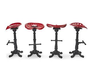 229
Four tractor seat barstools
Late 20th/early 21st century
Each unmarked
The custom painted metal barstools with swiveling repurposed tractor seats set on a columnar pedestal issuing a footrest above four scrolled feet, each with circular suede seat cushion, 4 pieces
Each: 31.5" H x 19" W x 14.5" D approximately
Estimate: $500 - $700