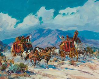 55
Marjorie Reed
1915-1996
Stagecoaches passing in the night
Oil on canvas
Signed lower right: Marjorie Reed
20" H x 24" W
Estimate: $2,500 - $3,500