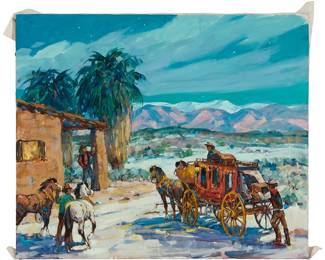 54
Marjorie Reed
1915-1996
"Midnight Change of Horses at Palm Springs"
Oil on canvas
Signed lower right: Marjorie Reed; signed again and titled in ink on an artist label affixed to the stretcher
20" H x 24" W
Estimate: $2,000 - $3,000