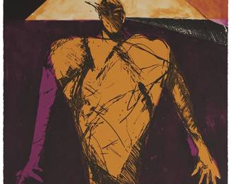 14
Fritz Scholder
1937-2005
Untitled, from the "Shaman Series"
Lithograph in colors on wove paper
Edition: One of 100 artist's proofs
Signed and inscribed "artist's proof" in pencil at the lower edge: Scholder; with the Houston blindstamp in the lower right sheet corner
Image/Sheet: 30.25" H x 22" W
Estimate: $800 - $1,200