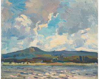 76
Sergei Bongart
1918-1985
Lake with distant mountains, 1970
Oil on canvas
Signed and dated lower left: Sergei Bongart. 70.
26" H x 30" W
Estimate: $600 - $800