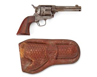 68
A Colt "Frontier Six-Shooter" pistol
1884; Hartford, Connecticut
Matching serial numbers: 104257
The single-action, .44-40 WCF (Winchester Centerfire) revolver pistol with wood handle and tooled leather holster
Pistol: 10.375" L x 5.5" H x 1.5" W; Holster: 9.875" L x 5.625" H x 2" W
Estimate: $1,000 - $2,000