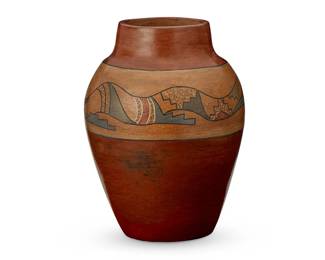 249
Margaret Tafoya (1904-2001, Santa Clara Pueblo)
A polychrome pottery jar, mid-20th century
Incised to underside: Margaret Tafoya / Santa Clara
The four-color tall jar with banded avanyu motif to shoulder
10.875" H x 8" Dia.
Estimate: $2,000 - $4,000