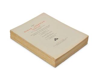 30
Edward Curtis
1868-1952
"The North American Indian," Volume Thirteen, and Large Supplemental Plates, 1907-1930
Photogravures in brown on Japanese vellum
First edition, published in 1924
72 (of 75) small plates, plus the accompanying title, list of illustrations, and other text pages on the same type of paper, all plates with their original protective coversheets tipped down along either the left or right sheet edges, as issued; this slightly incomplete volume is sold together with 29 (of 36) large supplemental plates for this volume, plus the list of supplemental plates page on the same paper; The Plimpton Press, Norwood, MA, prntr.; Edward S. Curtis, author, photographer, and publisher

One disbound, slightly incomplete volume, plus 30 large supplemental sheets
Sheet of each in Volume: 12.25" H x 9.5" W (or opposite); Sheet of each Supplemental Plate: 21.75" H x 17.5" W (or opposite)
Estimate: $6,000 - $8,000