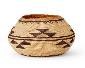 143
A Hupa/Yurok/Karuk basketry bowl
Early 20th century; Northern California
The twined bowl with imbricated brown and yellow geometric and striped motifs
2.75" H x 4.875" Dia.
Estimate: $300 - $500