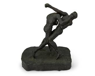 65
Attributed to Charles Marion Russell
1864-1926
Boxers
Patinated bronze
Edition: 13/16
Inscribed in the casting: Attributed to CM Russell / Authenticated by Joe DeYong 3/5/71
8" H x 6.5" W x 5.375" D
Estimate: $1,000 - $1,500